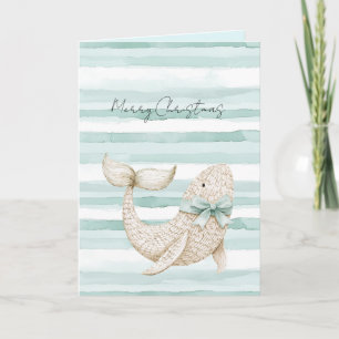 Beach Blue Coastal White Whale Christmas Card