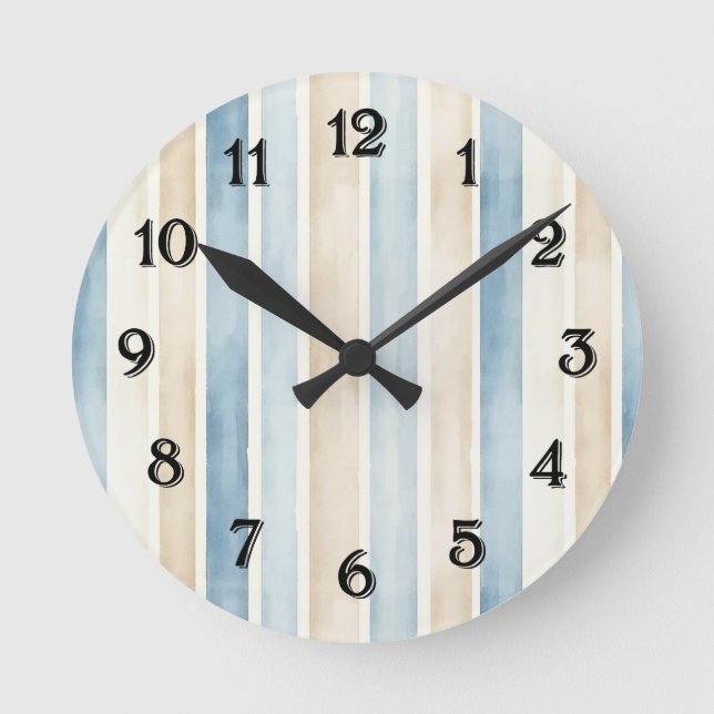 Beach Blue Cream Stripes   Round Clock (Front)