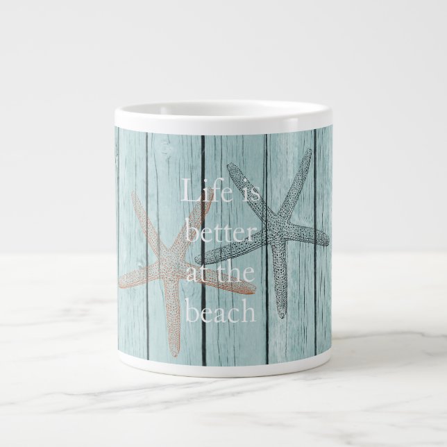 Beach Blue Faux Wood Starfish  Large Coffee Mug (Front)