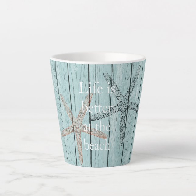 Beach Blue Faux Wood Starfish  Latte Mug (Front)