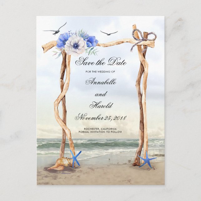 Beach Blue Flowers Save the Date Announcement Postcard (Front)