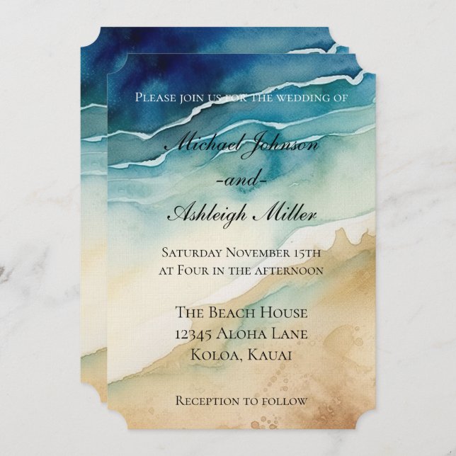 Beach Blue Ocean Sand Wedding Invitation (Front/Back)