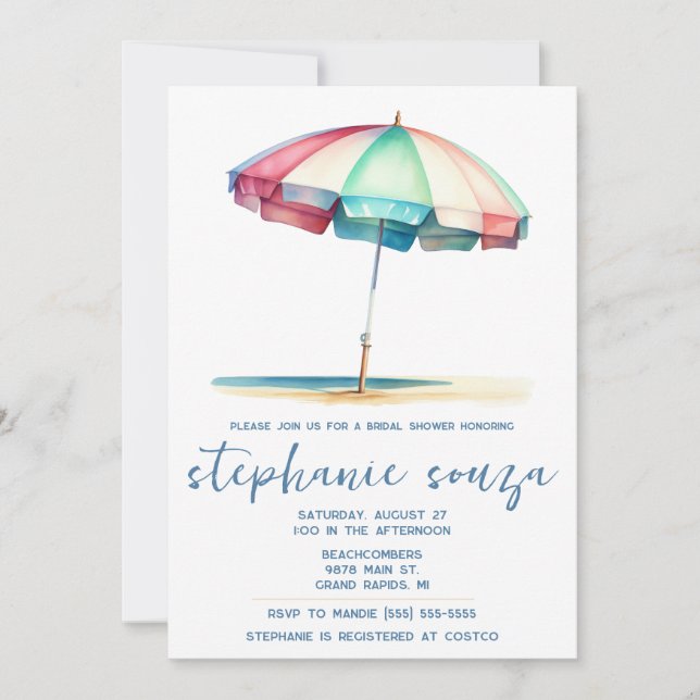 Beach, Blue, Red, Teal Umbrella, Bridal Shower Invitation (Front)