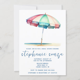 Beach, Blue, Red, Teal Umbrella, Bridal Shower Invitation