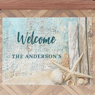 Beach blue sand starfish shell welcome doormat