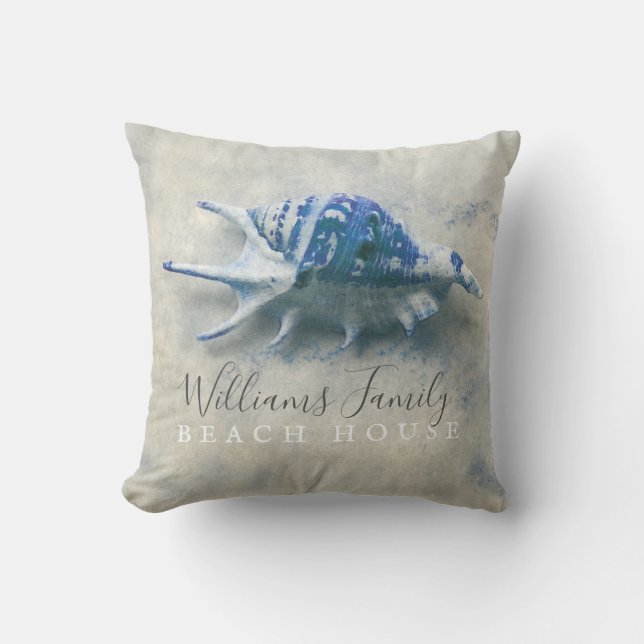 Beach Blue Seashell Family Name Throw Pillow (Front)