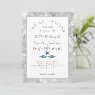 Beach Blue Seashell Silver Grey  Elegant Wedding  Invitation