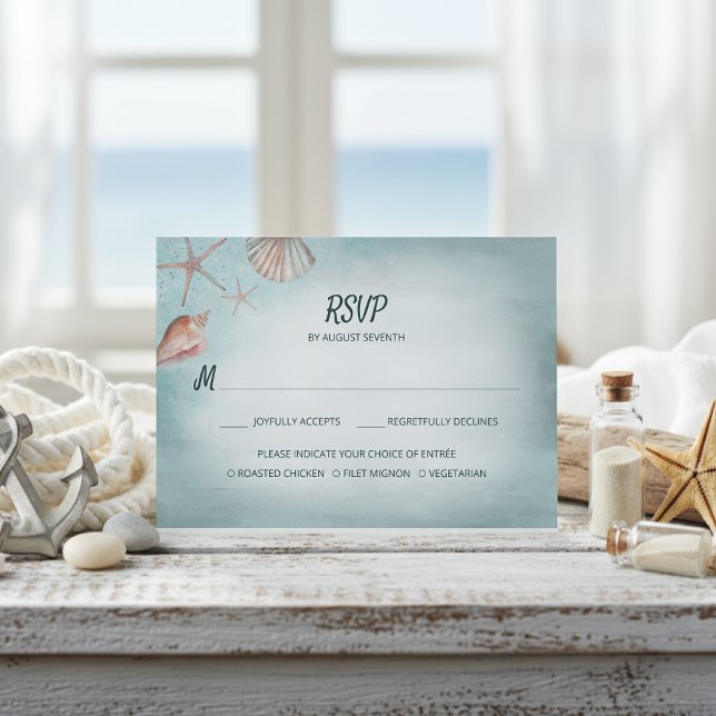 Beach Blue Seashells Meal Choice Wedding RSVP (Creator Uploaded)