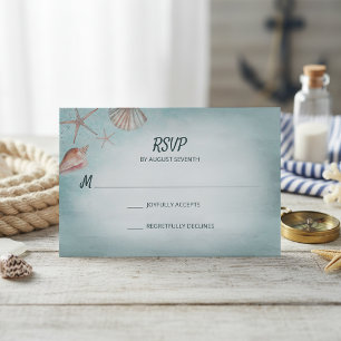 Beach Blue Seashells Watercolor Wedding RSVP Card