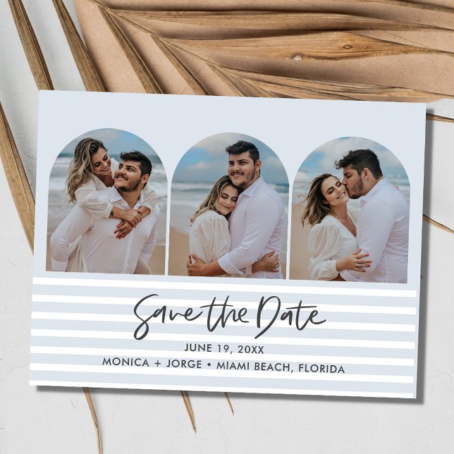 Beach Blue Three Arch Photo Wedding Save the Date Announcement Postcard (Beach Blue Three Arch Photo Wedding Save the Date  Postcard)