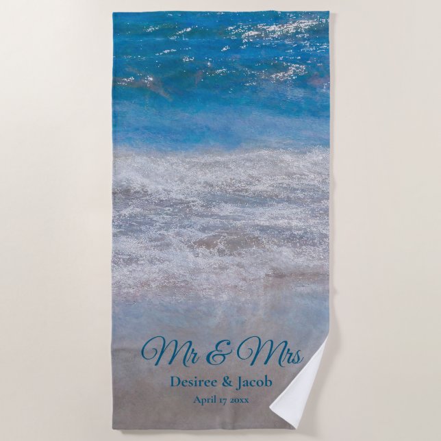 Beach Blue Tropical Ocean Waves Coastal Wedding Beach Towel (Front)