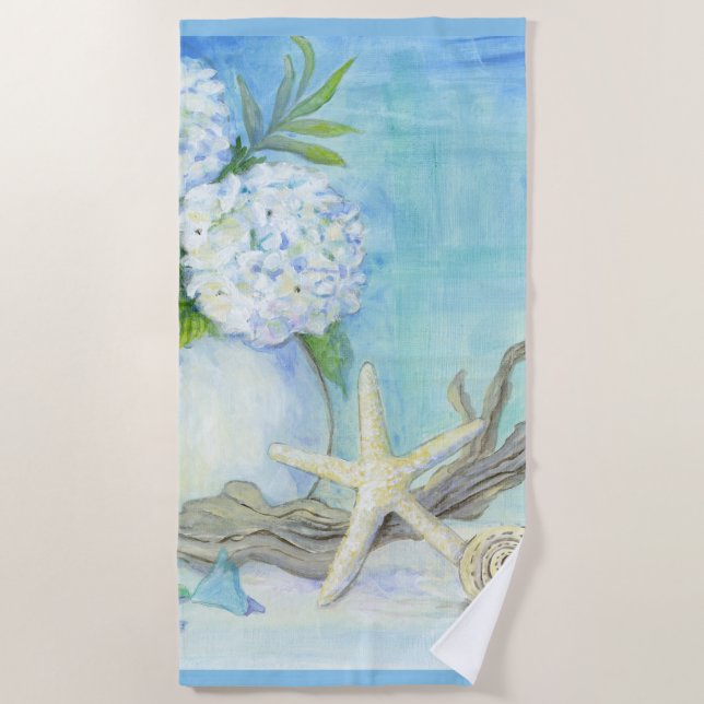 Beach Blue White Seashell Starfish Sea Glass Beach Towel (Front)