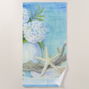 Beach Blue White Seashell Starfish Sea Glass Towel