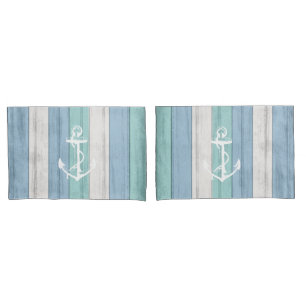 Beach Blue Wood Nautical Stripes & Anchor  Pillowcase
