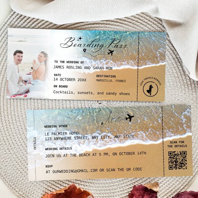 Beach Boarding Pass Wedding Destination QR code In Invitation (Creator Uploaded)