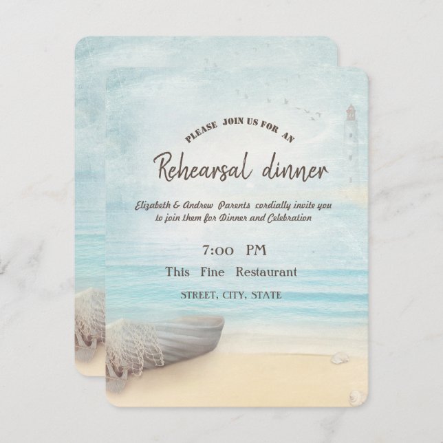 Beach Boat Lighthouse Rehearsal Dinner  Invitation (Front/Back)