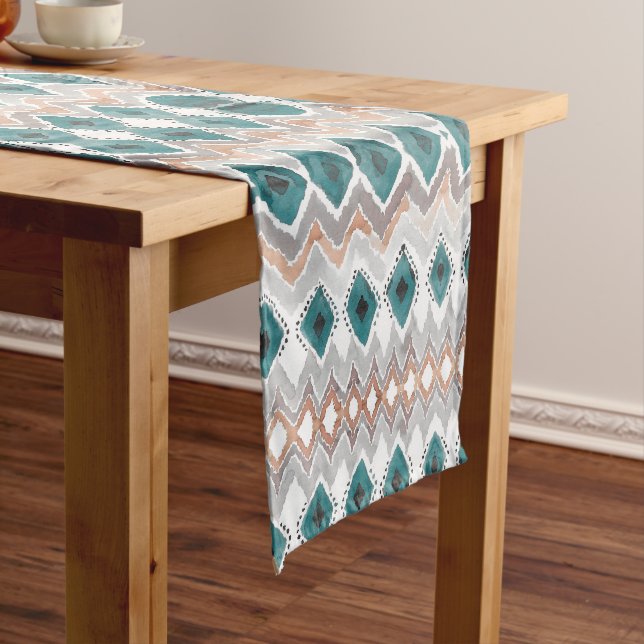 Beach Boho Chevron Diamond Teal Peach Grey Long Table Runner (In Situ)