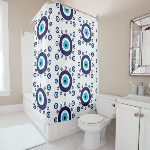 Beach Boho Mediterranean Blue Evil Eye Pattern Shower Curtain