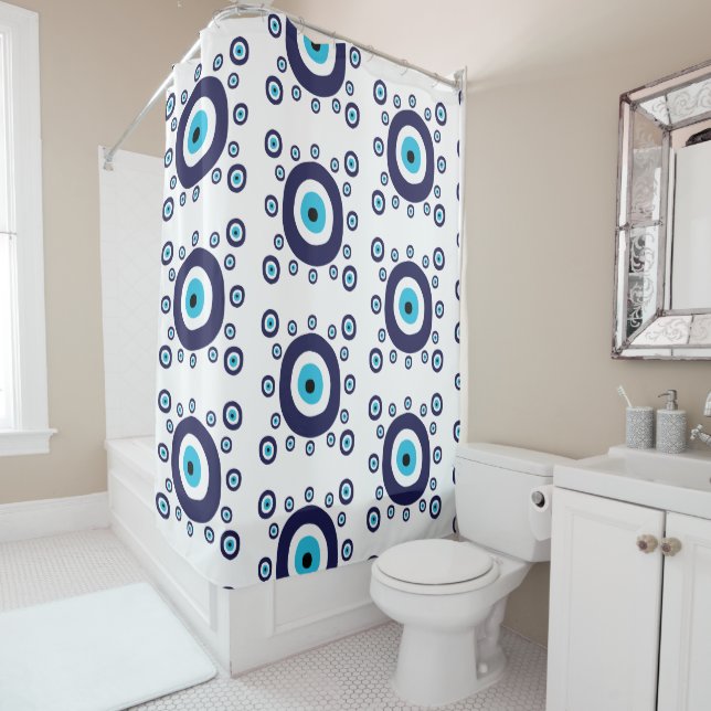 Beach Boho Mediterranean Blue Evil Eye Pattern Shower Curtain (In Situ)