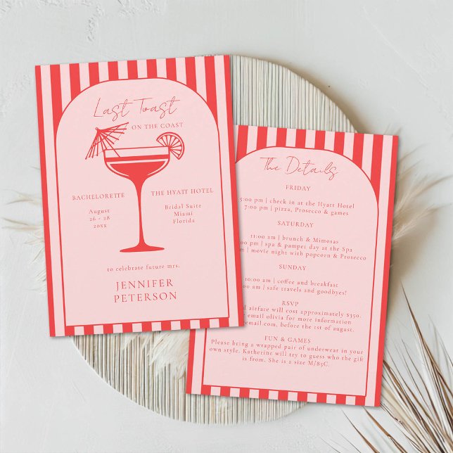Beach Boho Red Pink Bachelorette Party Itinerary Invitation (beach bachelorette weekend last toast coastal nautical stripes boho arch elegant classy red pink)