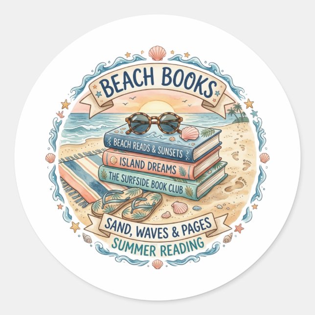 Beach Books Summer Reading Design  Classic Round Sticker (Front)