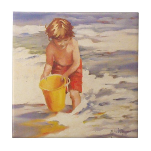 Beach Boy Child in ocean waves Tile (Front)