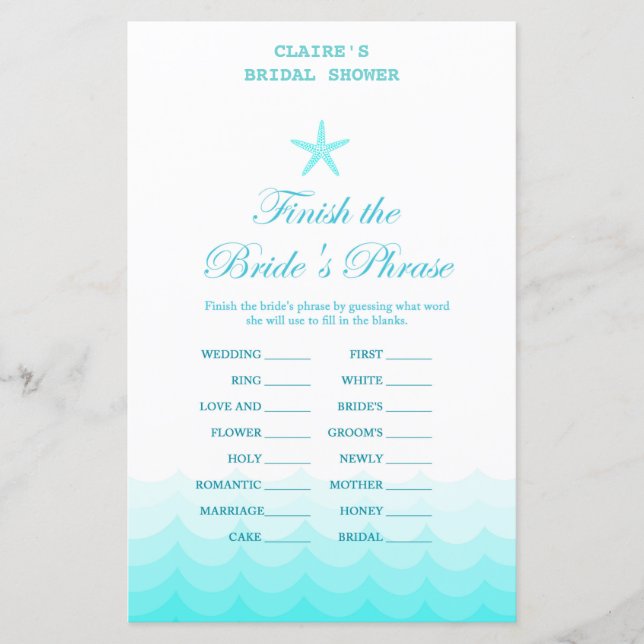 Beach Bridal Shower Game, Nautical, Mermaid (Front)