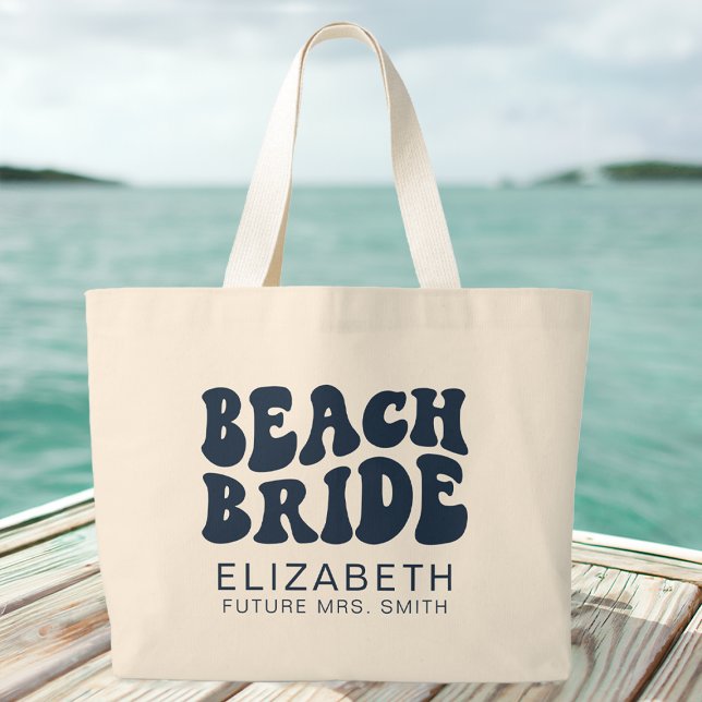 Beach Bride Navy Blue Cool Bachelorette Party Large Tote Bag (Creator Uploaded)