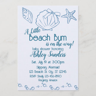 Beach Bum on the Way, Blue Seashells Baby Shower Invitation