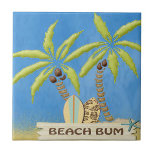 Beach Bum,  Palm Trees and Surfboards Tile