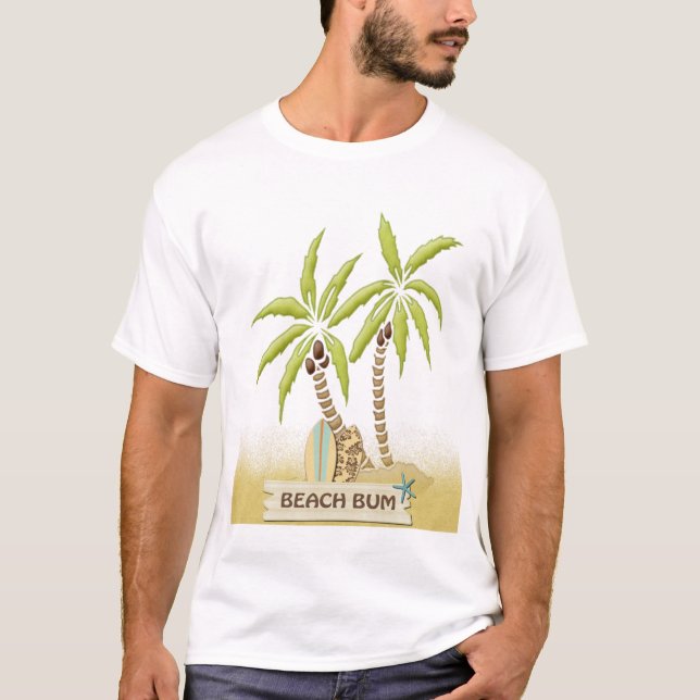 Beach Bum, Surfboards, Palm Trees and Sand T-Shirt (Front)