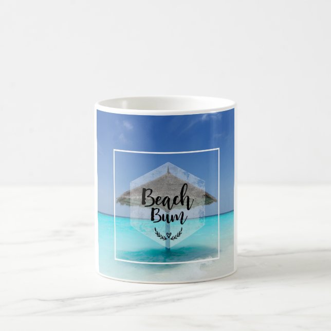 Beach Bum Typography - Umbrella on Tropical Beach Coffee Mug (Center)