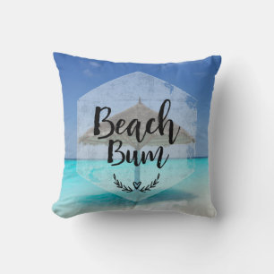 Beach Bum Typography - Umbrella on Tropical Beach Cushion