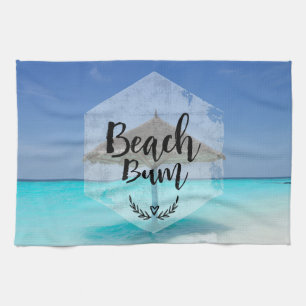 Beach Bum Typography - Umbrella on Tropical Beach Tea Towel
