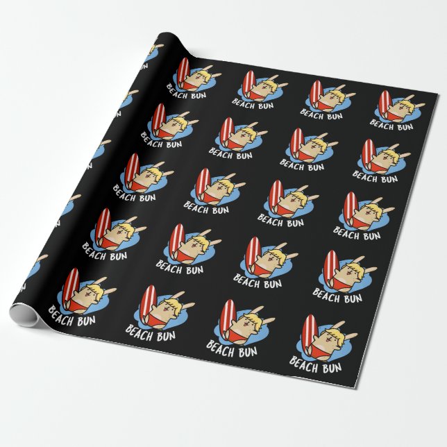 Beach Bun Funny Bunny Pun Dark BG Wrapping Paper (Unrolled)