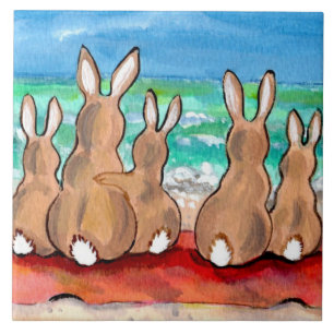 Beach Bunnies Family on Blanket 6" Tile Trivet