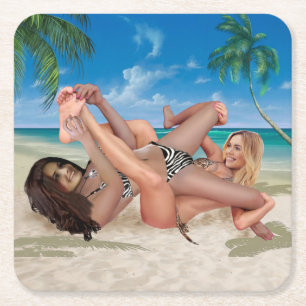 BEACH BUNNY'S TICKLE WRESTLING SQUARE PAPER COASTER