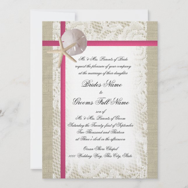 Beach Burlap and Lace Fuchsia Wedding Invitation (Front)