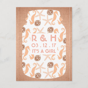 Beach Burlap Mason Jar Baby Girl Announcement Postcard
