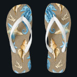 Beach Burlap Seashell Nautical Starfish   Seahorse Thongs<br><div class="desc">Beach Burlap & Seashell Nautical Starfish   Seahorse Flip Flops - features a printed burlap background with seahorses,  coral,  seashells and starfish.  Perfect for weddings,  bridal shower gifts,  holidays and more.</div>