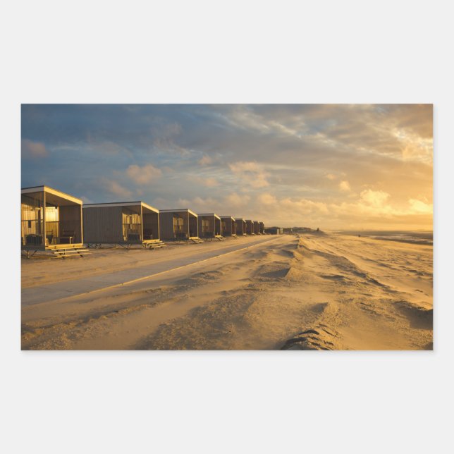 Beach cabins at sunset at the dutch coast rectangular sticker (Front)