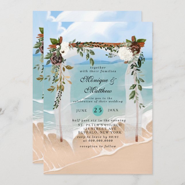 Beach Canopy Floral Tropical Modern Wedding Invitation (Front/Back)