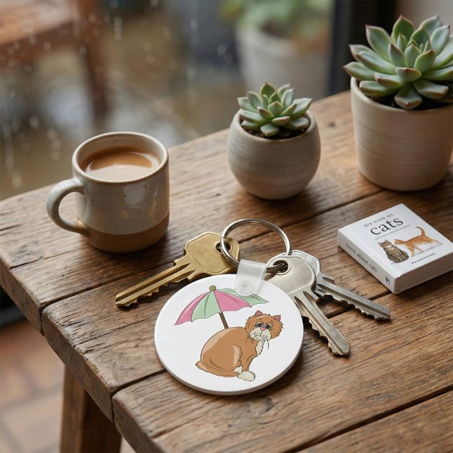 Beach Cat with Pink and Green Umbrella  Key Ring (Creator Uploaded)
