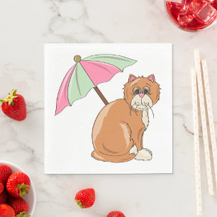 Beach Cat with Pink and Green Umbrella  Napkin