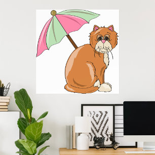 Beach Cat with Pink and Green Umbrella  Poster