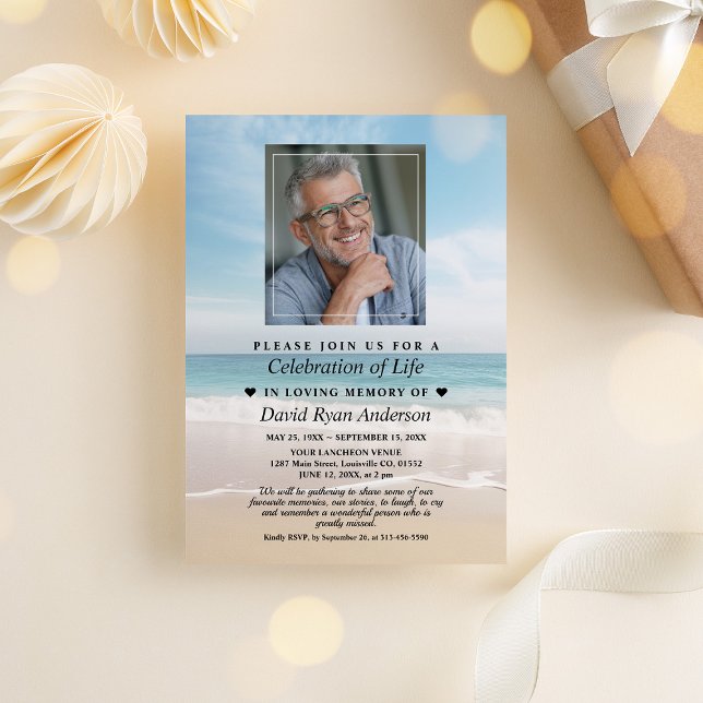 Beach Celebration of Life Photo Funeral Memorial Invitation (Creator Uploaded)