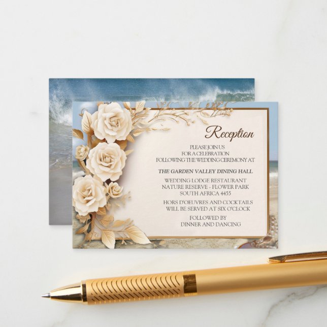 Beach Celebrations with White Flowers and Pearls Enclosure Card (Front/Back In Situ)