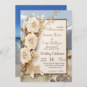 Beach Celebrations with White Flowers and Pearls Invitation