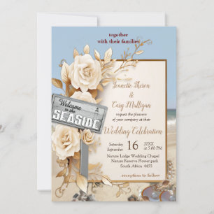 Beach Celebrations with White Flowers and Pearls Invitation
