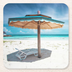Beach Chair And Umbrella   Silver Sands Beach Square Paper Coaster